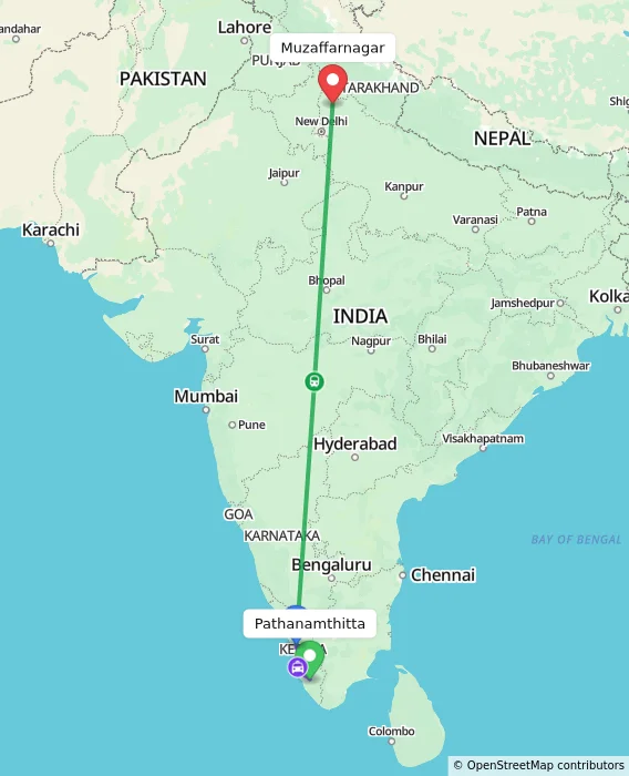 Route map showing distance and travel time from Pathanamthitta, India to Muzaffarnagar, India