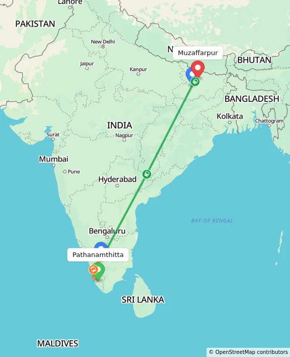 Route map showing distance and travel time from Pathanamthitta, India to Muzaffarpur, India