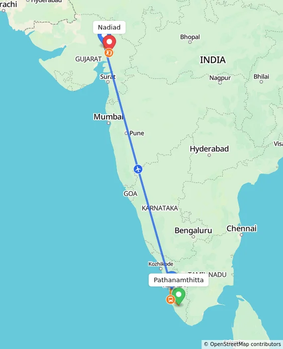 Route map showing distance and travel time from Pathanamthitta, India to Nadiad, India