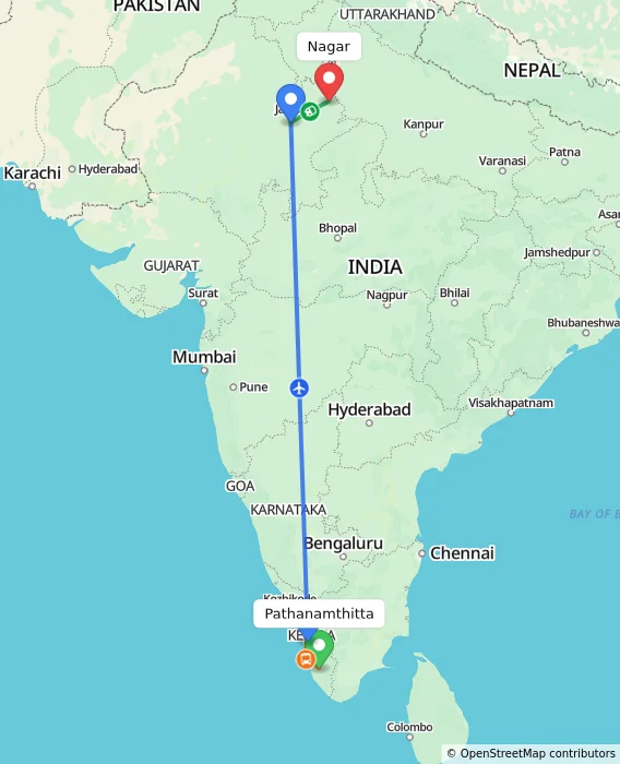 Route map showing distance and travel time from Pathanamthitta, India to Nagar, India