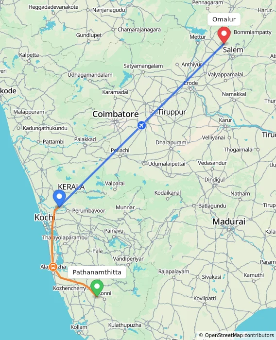 Route map showing distance and travel time from Pathanamthitta, India to Omalur, India