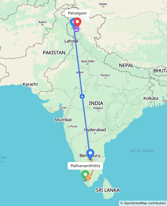 Route map showing distance and travel time from Pathanamthitta, India to Pahalgam, India