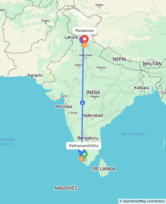 Route map showing distance and travel time from Pathanamthitta, India to Parwanoo, India