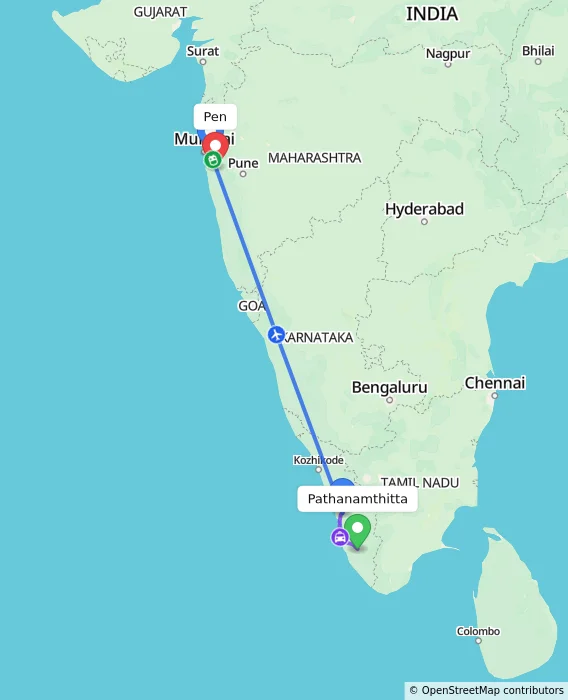 Route map showing distance and travel time from Pathanamthitta, India to Pen, India