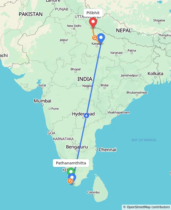 Route map showing distance and travel time from Pathanamthitta, India to Pilibhit, India
