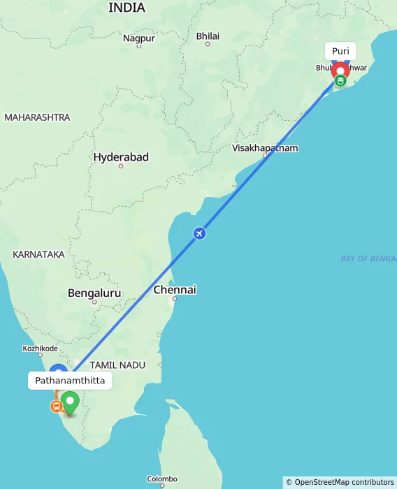 Route map showing distance and travel time from Pathanamthitta, India to Puri, India