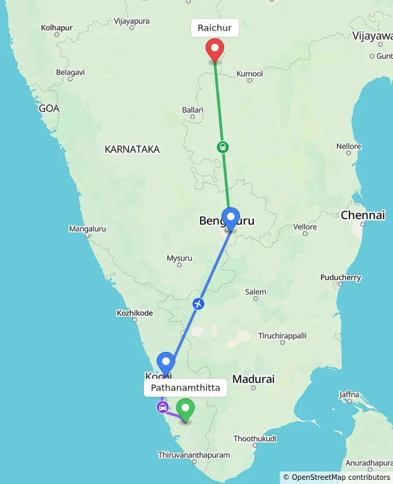 Route map showing distance and travel time from Pathanamthitta, India to Raichur, India