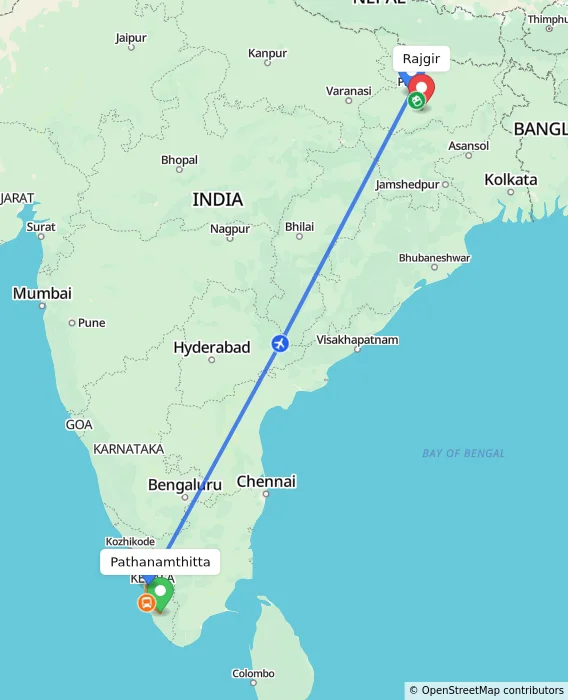 Route map showing distance and travel time from Pathanamthitta, India to Rajgir, India