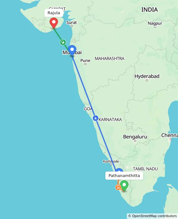 Route map showing distance and travel time from Pathanamthitta, India to Rajula, India