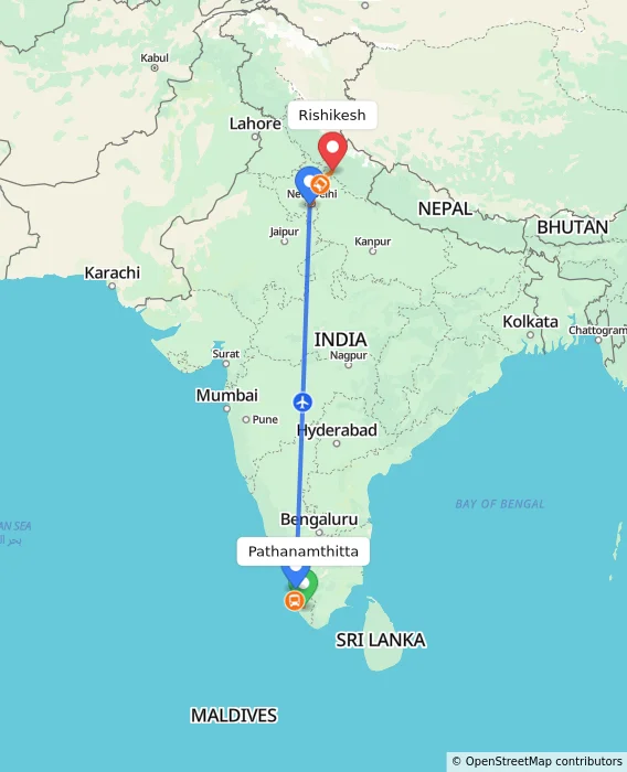 Route map showing distance and travel time from Pathanamthitta, India to Rishikesh, India