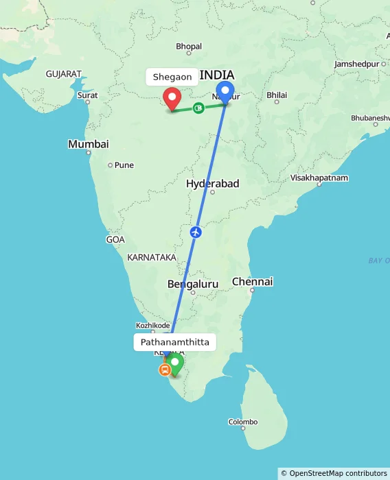 Route map showing distance and travel time from Pathanamthitta, India to Shegaon, India