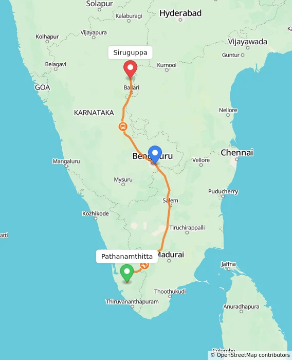 Route map showing distance and travel time from Pathanamthitta, India to Siruguppa, India