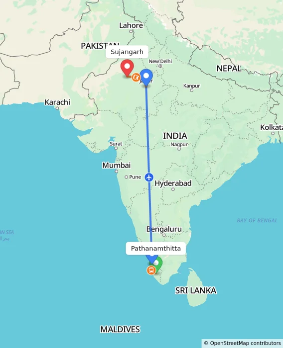 Route map showing distance and travel time from Pathanamthitta, India to Sujangarh, India