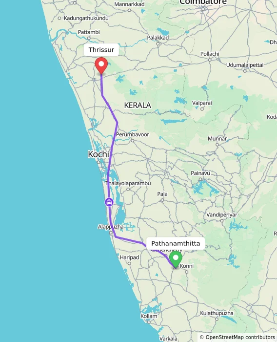 Route map showing distance and travel time from Pathanamthitta, India to Thrissur, India