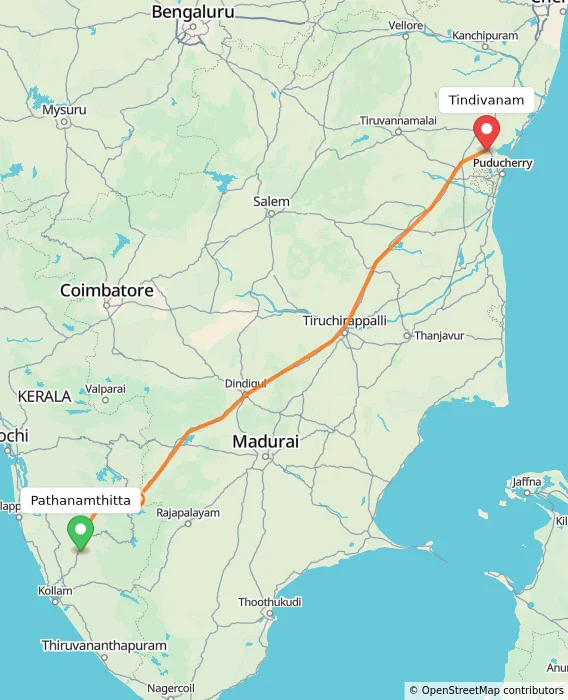 Route map showing distance and travel time from Pathanamthitta, India to Tindivanam, India