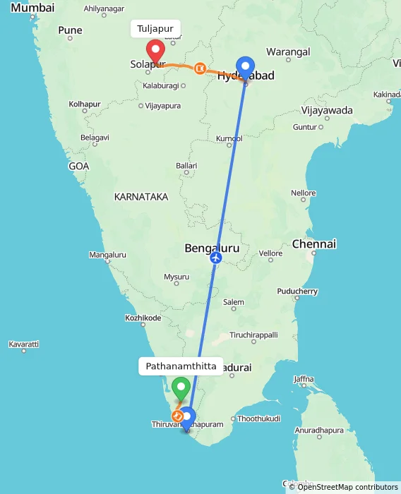 Route map showing distance and travel time from Pathanamthitta, India to Tuljapur, India