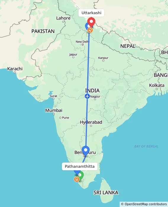 Route map showing distance and travel time from Pathanamthitta, India to Uttarkashi, India