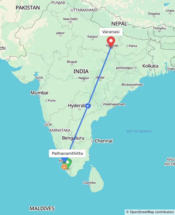 Route map showing distance and travel time from Pathanamthitta, India to Varanasi, India