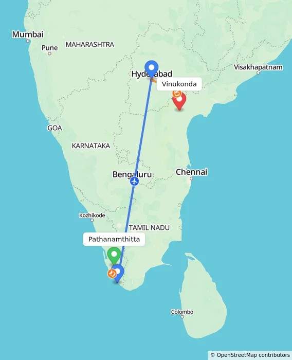 Route map showing distance and travel time from Pathanamthitta, India to Vinukonda, India