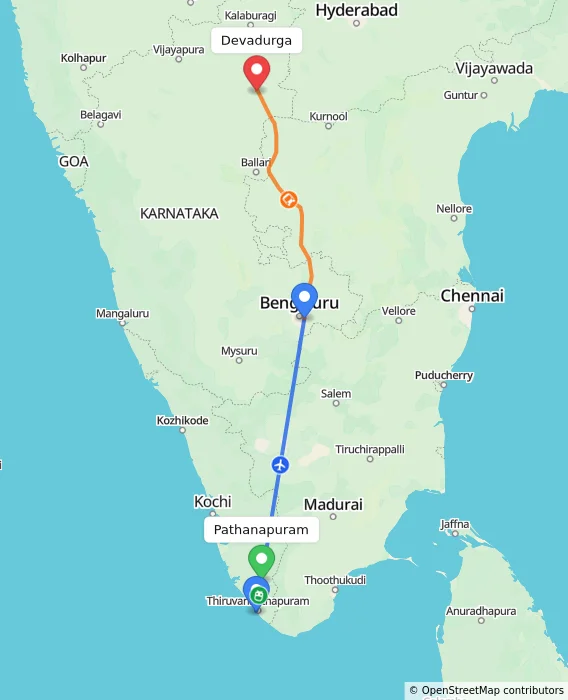 Route map showing distance and travel time from Pathanapuram, India to Devadurga, India