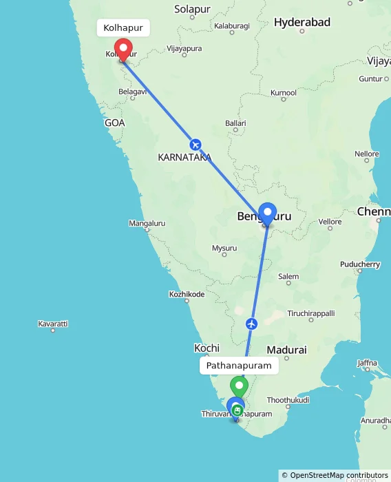 Route map showing distance and travel time from Pathanapuram, India to Kolhapur, India