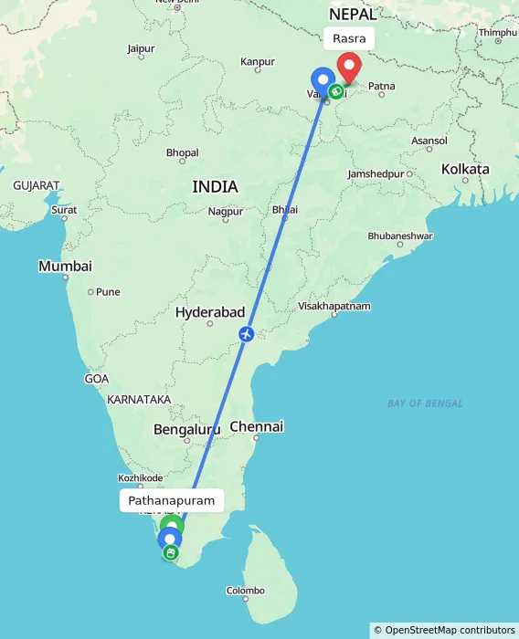 Route map showing distance and travel time from Pathanapuram, India to Rasra, India