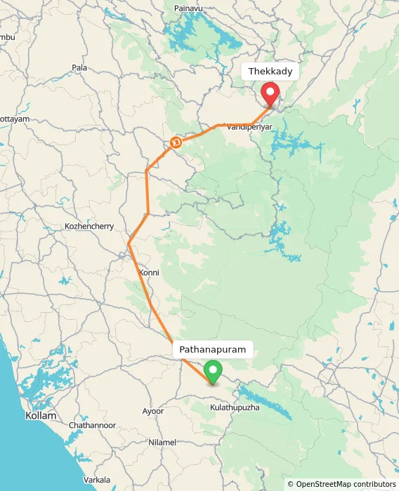 Route map showing distance and travel time from Pathanapuram, India to Thekkady, India