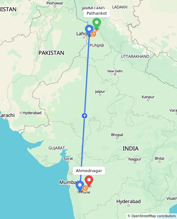 Route map showing distance and travel time from Pathankot, India to Ahmednagar, India
