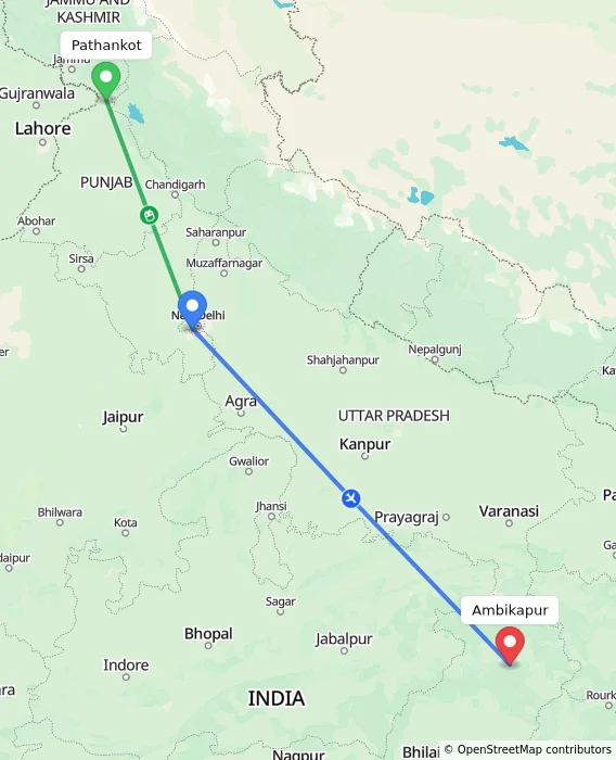 Route map showing distance and travel time from Pathankot, India to Ambikapur, India