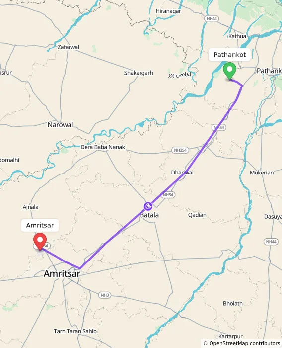 Route map showing distance and travel time from Pathankot, India to Amritsar, India