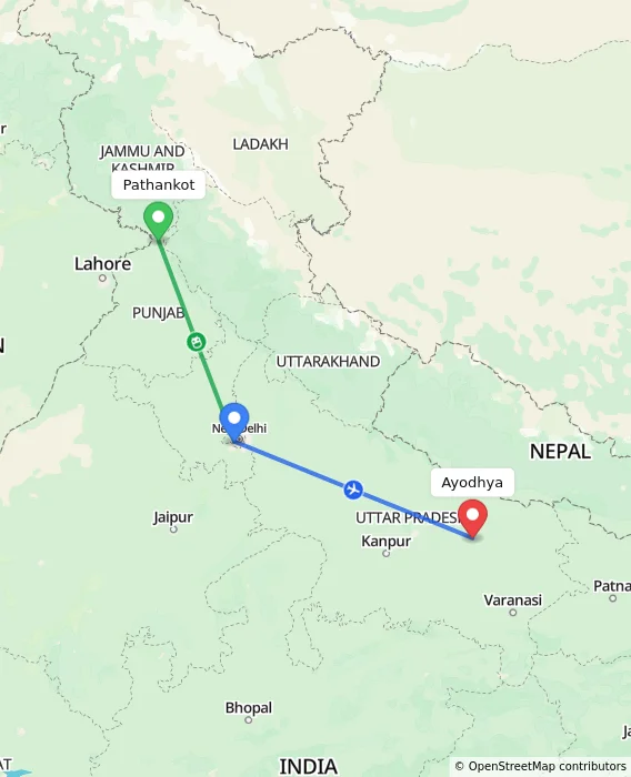 Route map showing distance and travel time from Pathankot, India to Ayodhya, India