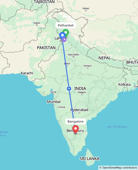 Route map showing distance and travel time from Pathankot, India to Bangalore, India
