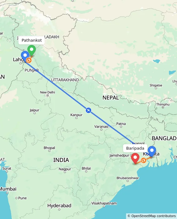 Route map showing distance and travel time from Pathankot, India to Baripada, India