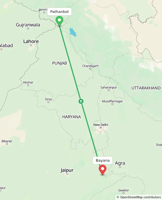 Route map showing distance and travel time from Pathankot, India to Bayana, India