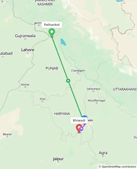 Route map showing distance and travel time from Pathankot, India to Bhiwadi, India