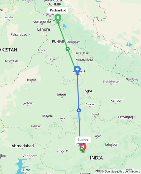 Route map showing distance and travel time from Pathankot, India to Budhni, India