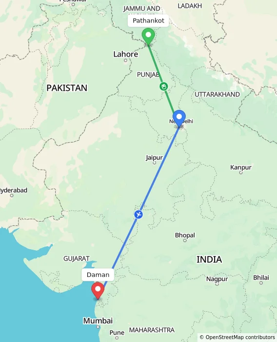 Route map showing distance and travel time from Pathankot, India to Daman, India