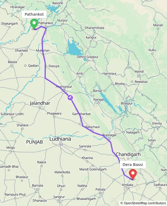 Route map showing distance and travel time from Pathankot, India to Dera Bassi, India