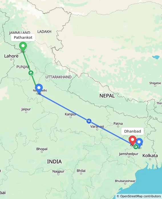 Route map showing distance and travel time from Pathankot, India to Dhanbad, India