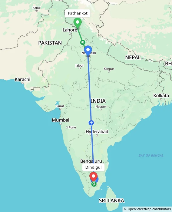 Route map showing distance and travel time from Pathankot, India to Dindigul, India