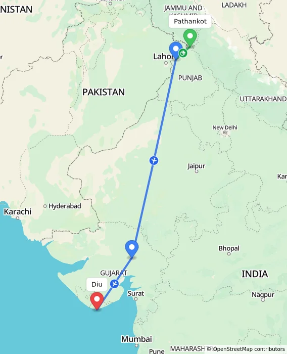 Route map showing distance and travel time from Pathankot, India to Diu, India