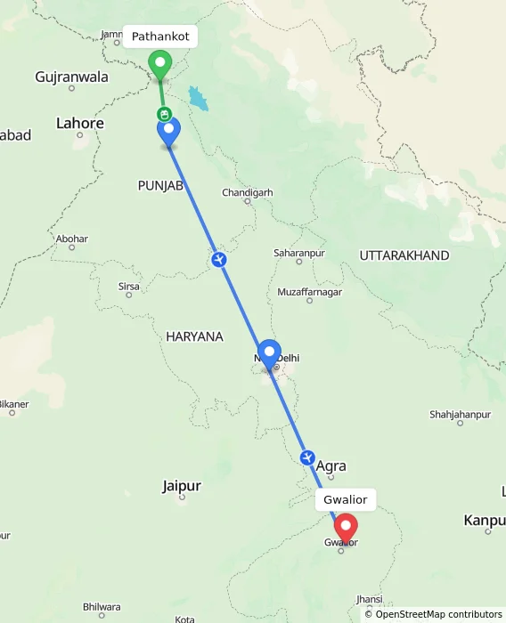 Route map showing distance and travel time from Pathankot, India to Gwalior, India