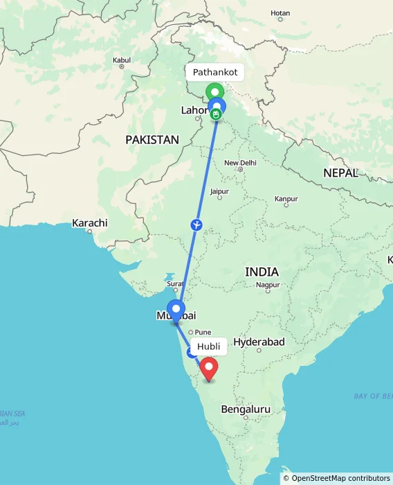 Route map showing distance and travel time from Pathankot, India to Hubli, India