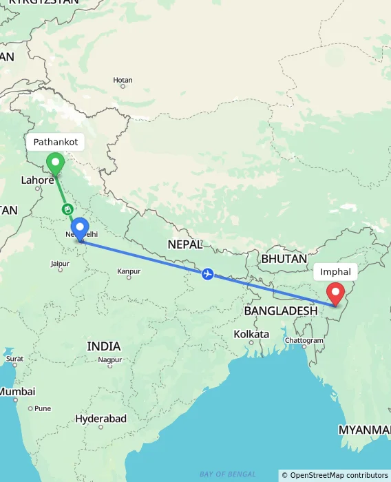 Route map showing distance and travel time from Pathankot, India to Imphal, India