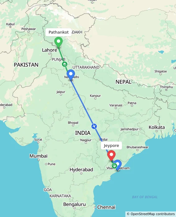 Route map showing distance and travel time from Pathankot, India to Jeypore, India