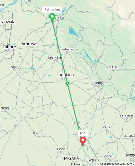 Route map showing distance and travel time from Pathankot, India to Jind, India