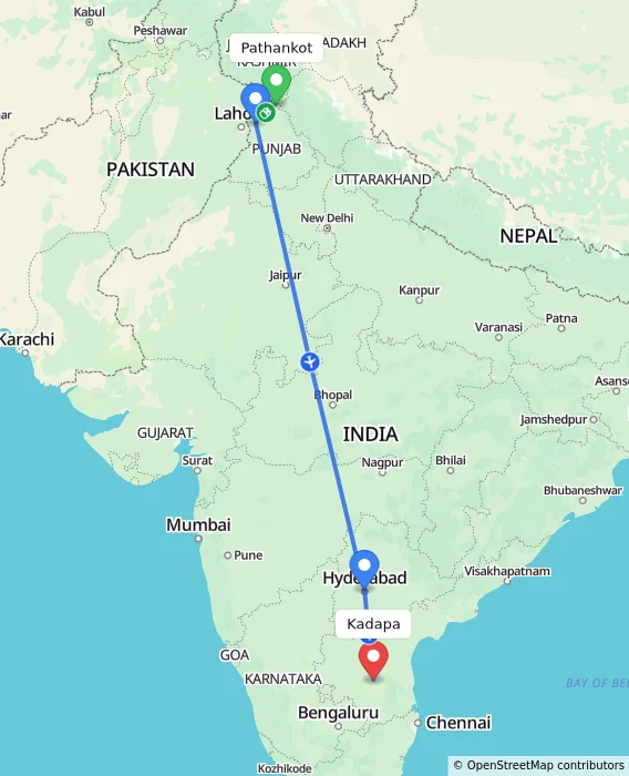 Route map showing distance and travel time from Pathankot, India to Kadapa, India