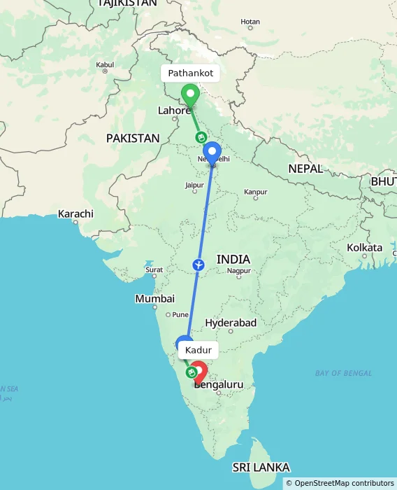 Route map showing distance and travel time from Pathankot, India to Kadur, India
