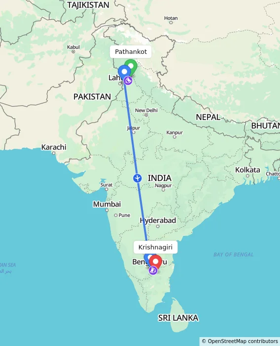 Route map showing distance and travel time from Pathankot, India to Krishnagiri, India