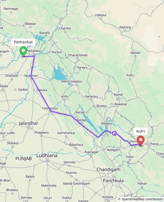 Route map showing distance and travel time from Pathankot, India to Kufri, India